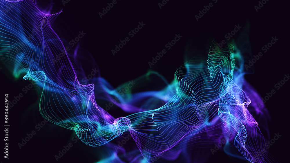 Glowing dynamic cosmic waves background texture. Multi-colours line particles with beautiful bokeh. Digital 3d perspective illustration concept art Glowing dynamic cosmic waves background texture. Multi-colours line particles with beautiful bokeh. Digital 3d perspective illustration concept art