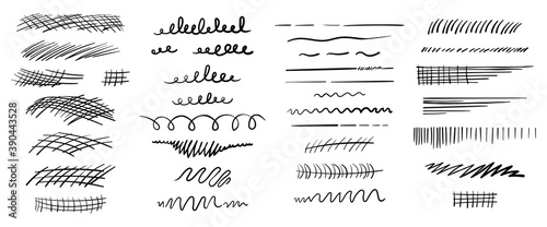 Monochrome brush stroke set, vector template isolated on white. Ink sketch brush black stencil. Hatching hand drawn texture set