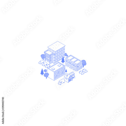 Monochrome line art isometric residential area illustration. Condo yard with trees and parking