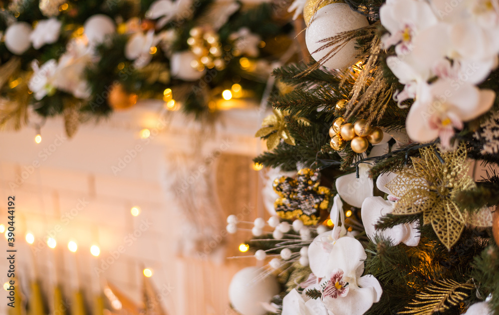 Christmas background with gold decorations and lights