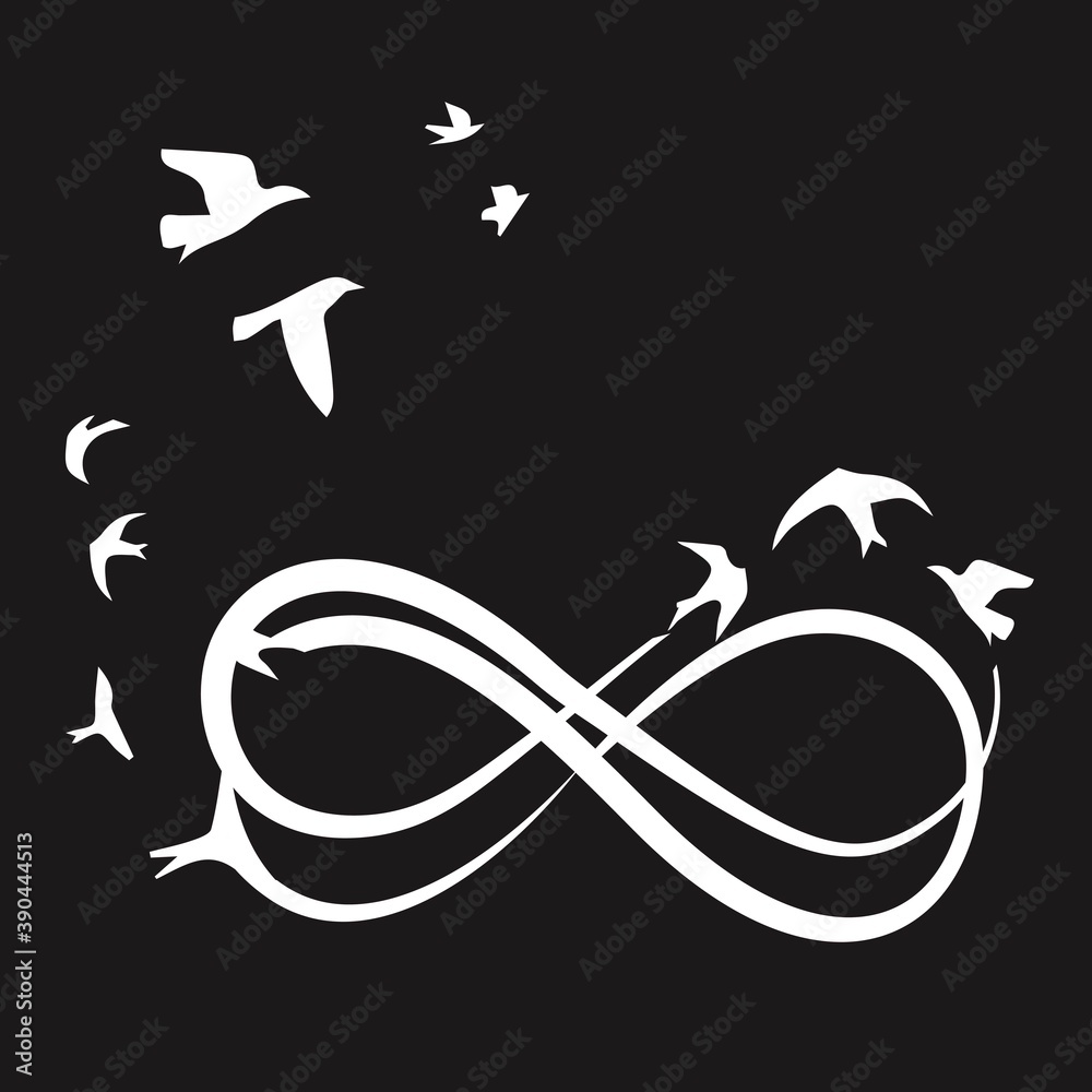 Fototapeta premium Black line heart, infinity sign, flying birds. Vector illustration sign.