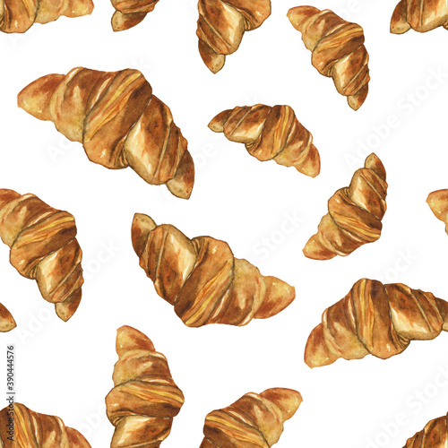 Sweet seamless pattern of croissant isolated on white background. Watercolor hand drawing illustration. Perfect for digital paper, menu, wallpaper, textile, fabric, print.