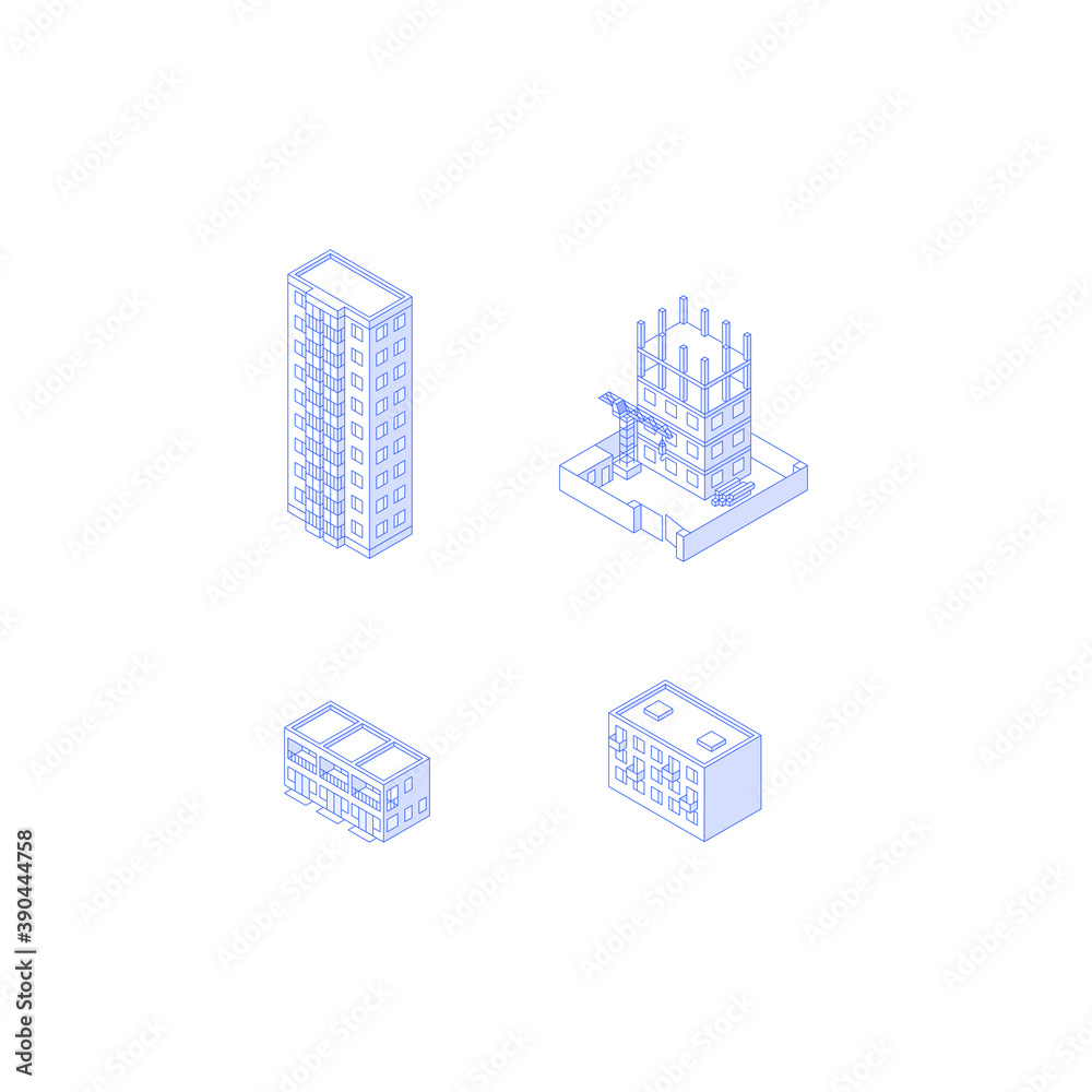 Set of isometric objects. Monochrome line art city buildings collection. Apartment houses high-rise condo construction site