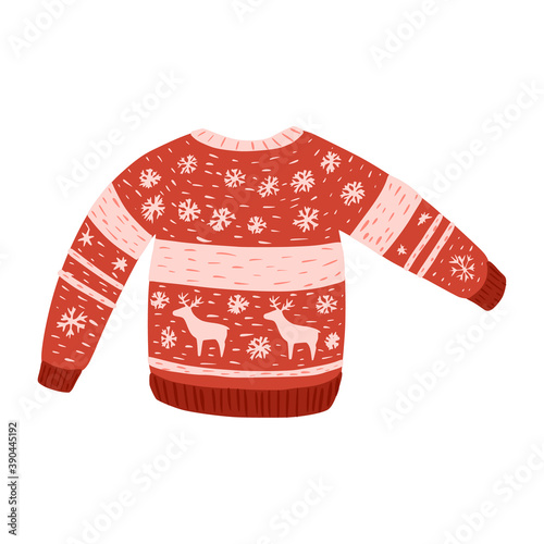 Retro christmas sweater isolated on white background. Wear from wool sketch hand drawn in style doodle.