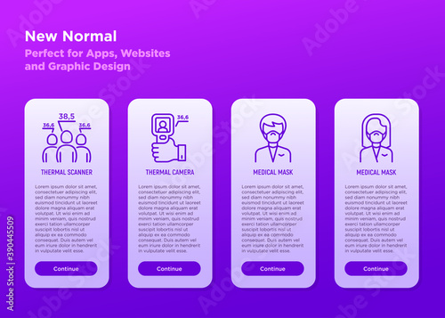 New normal mobile user interface with thin line icons set: thermal camera, surgical mask on woman and man. Coronavirus prevention measures. Vector illustration.
