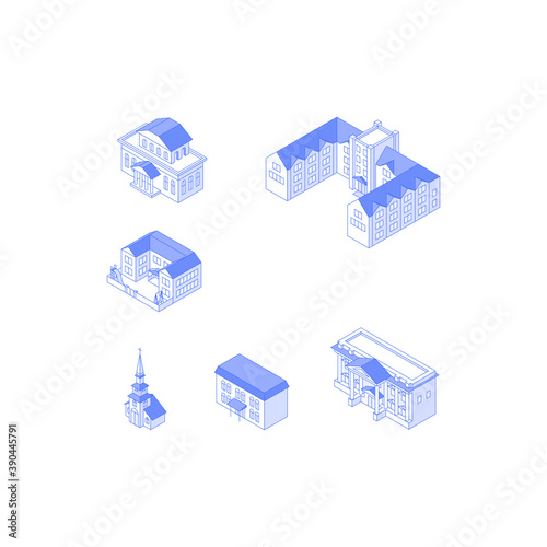 Set of isometric objects. Monochrome line art town buildings collection. Museum university sity hall cottages condos church