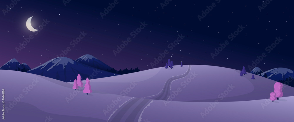 Fototapeta premium Cartoon panoramic view of winter night nature in black and violet colors. Mountains with snow-capped peaks, trees, firs, hills in the snow. A path leading off into the distance, Christmas and moon.