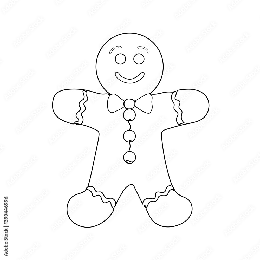 Gingerbread man. Holiday biscuit or cookie. One line drawing. Vector