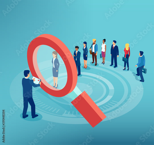 Vector of a business man looking through magnifying glass at job applicants recruiting new employees
