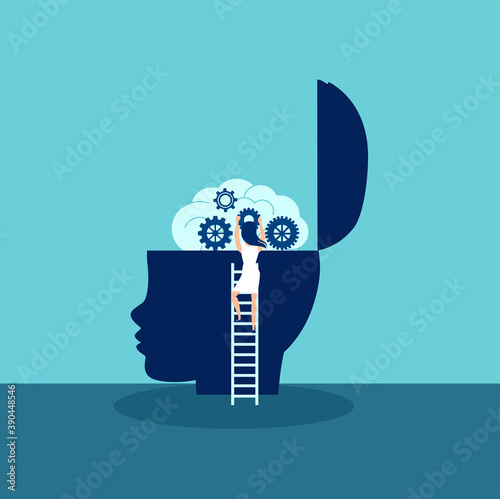 Vector of a female doctor psychologist climbing up a ladder to examine kid brain