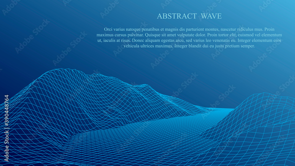 Technology wireframe landscape. Futuristic polygonal terrain background. Digital vector illustration. Retro design.