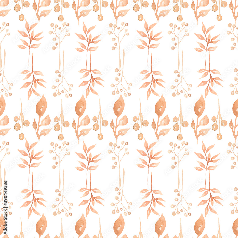 Seamless pattern of Autumn fall leaves,  natural branches, beige herbs, hand drawn  watercolor. Beautiful elegant background, texture, print, textile fabric, wallpaper on white