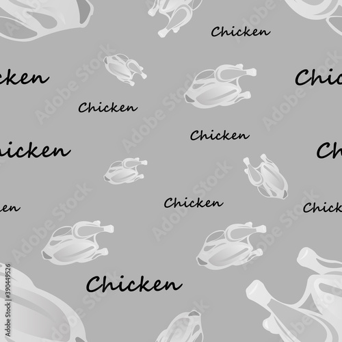 Grascale seamless pattern of fresh chicken. Vector illustration isolated on a gray background.