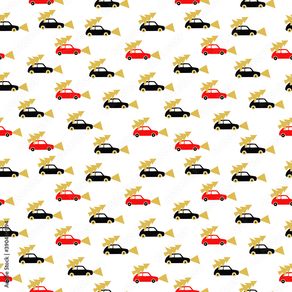 Vector seamless pattern with the car and the tree. Winter christmas background. Gold red and black color. Fabric textile print Vector seamless pattern with the car and the tree. Winter christmas background. Gold red and black color. Fabric textile print