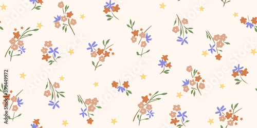 Flowers & Stars. Print with rapport, flowers in orange, malva. 