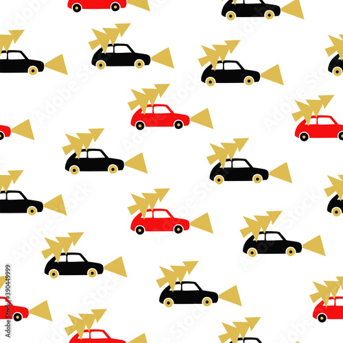 Wallpaper Mural Vector seamless pattern with the car and the tree. Winter festive background. Fabric textile print Torontodigital.ca