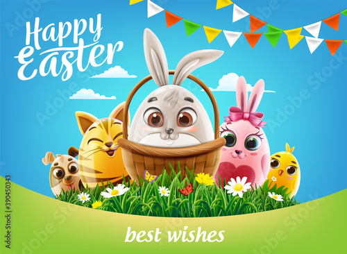 easter greeting card with eggs decorated with animals cat chick rabbit dog