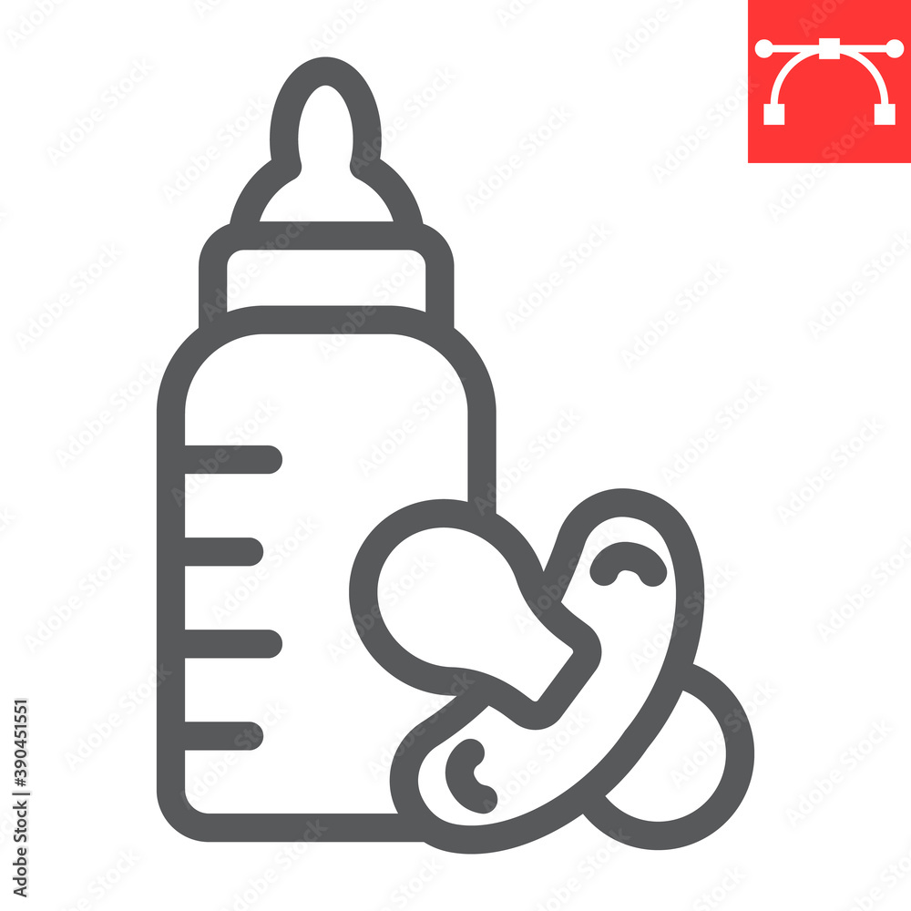 Baby bottle with nipple line icon, food and milk, baby products sign vector graphics, editable stroke linear icon, eps 10. Baby bottle with nipple line icon, food and milk, baby products sign vector graphics, editable stroke linear icon, eps 10.