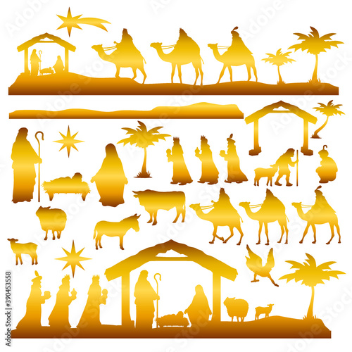 Gold Nativity Scene Silhouette. Holidays Christmas Religion. Holly Night Characters. Cut File Design. Vector Clip Art.