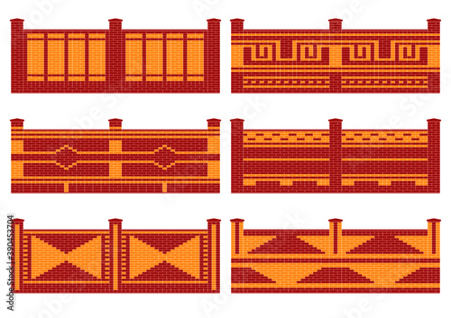 Brick fence pattern schemes. Two color decorative masonry in vector.