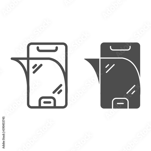 Screen protection of smartphone line and solid icon, smartphone review concept, protective film comes off phone on white background, protective glass for mobile icon in outline style. Vector graphics.