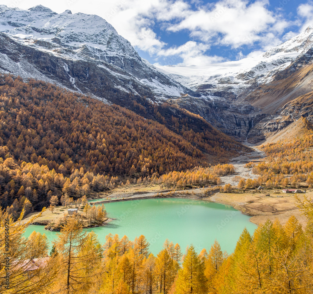 Palu Lake below Piz Palu glacier in Swiss Alps in autumn day, Canton of Grisons, Switzerland