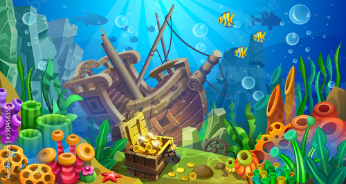 Treasure chest with a sunken wooden ship on a sandy bottom among seaweed, coral and fish. Underwater world.