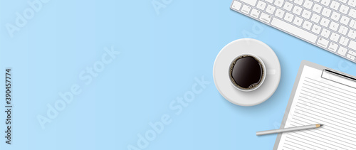 Flat lay minimal work space, Top view office desk with computer keyboard, clipboard and coffee cup on blue color background with copy space, vector illustration