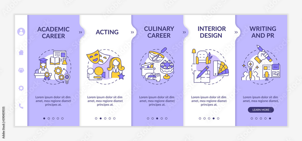 Top careers for creative thinkers onboarding vector template. Academic career choosing. Acting in theatre. Responsive mobile website with icons. Webpage walkthrough step screens. RGB color concept