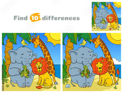Wild African animals.  Find 10 differences. Educational game for children. Cartoon vector illustration.