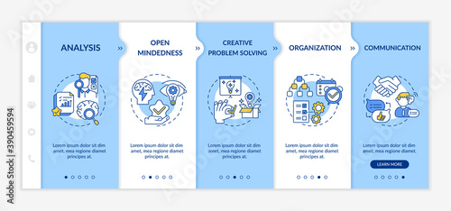 Creative thinking types onboarding vector template. Making analysis of everything. Open mindedness. Responsive mobile website with icons. Webpage walkthrough step screens. RGB color concept