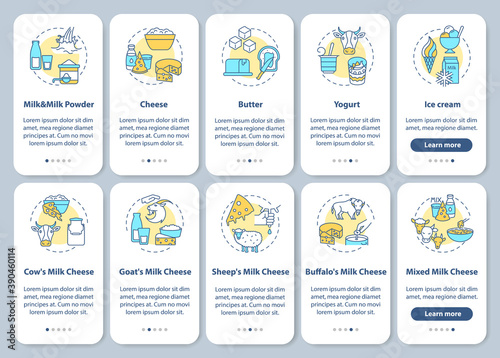 Dairy industry onboarding mobile app page screen with concepts set. Cheese production walkthrough 5 steps graphic instructions. UI vector template with RGB color illustrations pack