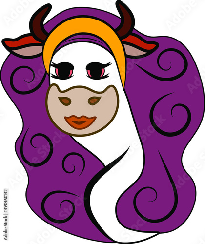 humanized portrait of a brunette cow with long hair, drawn in vector, on a white background isolated. A series of 12 images of cows in different hairstyles.