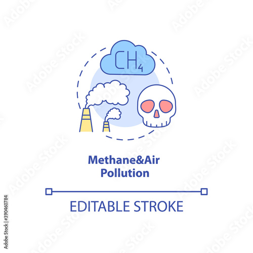 Methane and air pollution concept icon. Chemical emission from factory. Toxic smoke. Heavy industrial production idea thin line illustration. Vector isolated outline RGB color drawing. Editable stroke