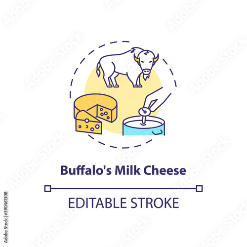 Buffalo milk cheese concept icon. Mozzarella product. Organic farm food with lactose. Dairy industry idea thin line illustration. Vector isolated outline RGB color drawing. Editable stroke