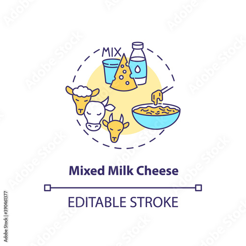 Mixed milk cheese concept icon. Organic farm food with lactose. Goat, sheep, milk product. Dairy industry idea thin line illustration. Vector isolated outline RGB color drawing. Editable stroke