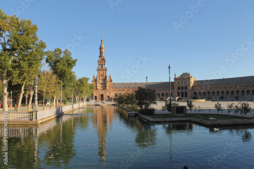 A detail of the Spain square in the María Luisa Park, a public park that stretches along the Guadalquivir River in Seville, Spain. It was built in 1928 for the Ibero-American Exposition of 1929. 