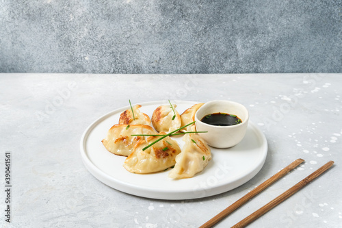 Takeout coronavirus food. Gyoza Japanese dumplings with soy sauce. Asian cuisine. typical food Japanese Chinese Korean. delivery takeaway photo