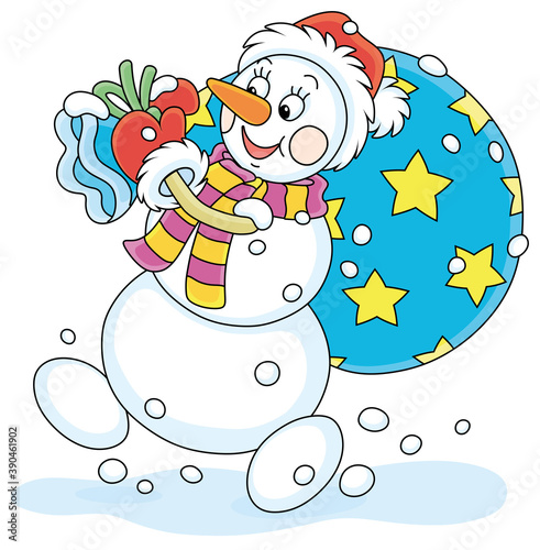 Friendly smiling funny snowman with a red hat, a warm scarf and mittens carrying a big bag of Christmas gifts for little kids, vector cartoon illustration on a white background