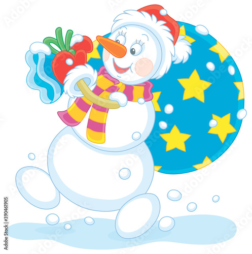 Friendly smiling funny snowman with a red hat, a warm scarf and mittens carrying a big bag of Christmas gifts for little kids, vector cartoon illustration on a white background