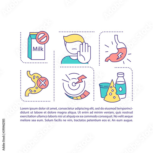 Digestive disorder concept icon with text. Gut microbiota. Milk products. Stomach bloating. PPT page vector template. Brochure, magazine, booklet design element with linear illustrations