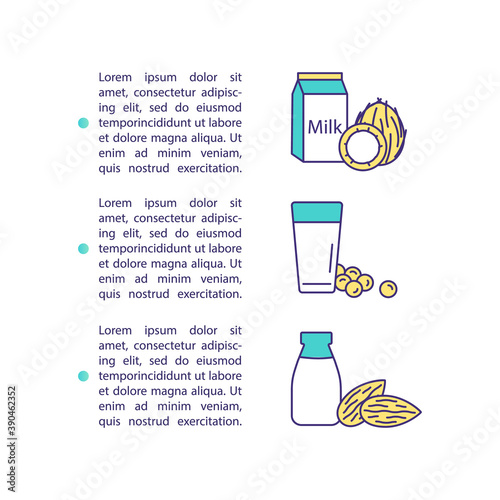 Organic milk products concept icon with text. Dairy free. Coconut, almond ingredient. Vegan alternative. PPT page vector template. Brochure, magazine, booklet design element with linear illustrations