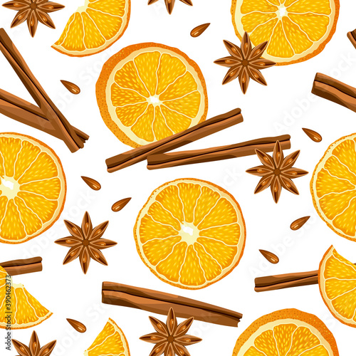Vector image of a seamless pattern, on a white background, Christmas mood, the smell of citrus fruits, drawing dry slices of orange, cinnamon, cloves, New Year, Christmas, background for the celebrati