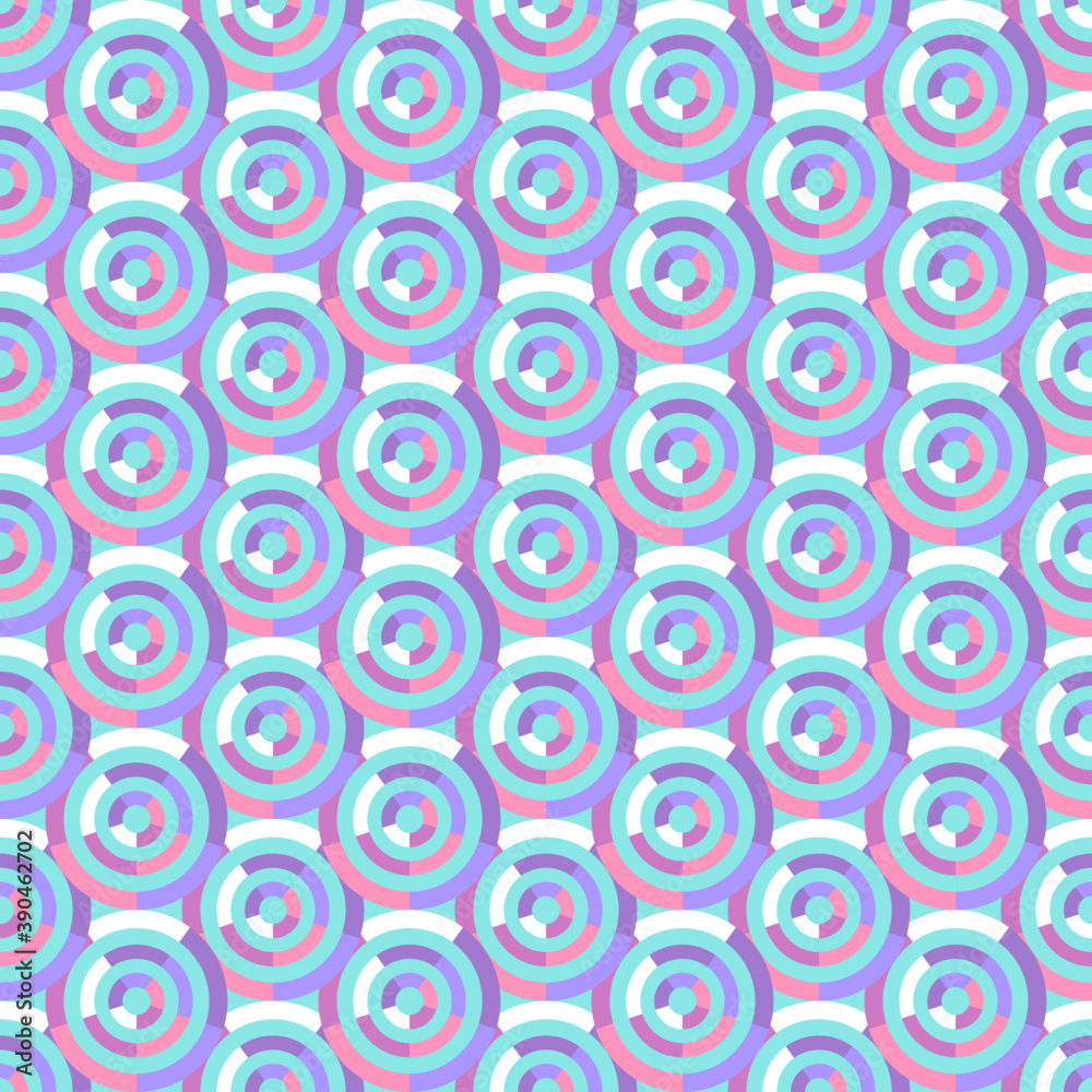 Light pastel background with circles seamless pattern. Blue, lilac, pink, white. Vector illustration.
