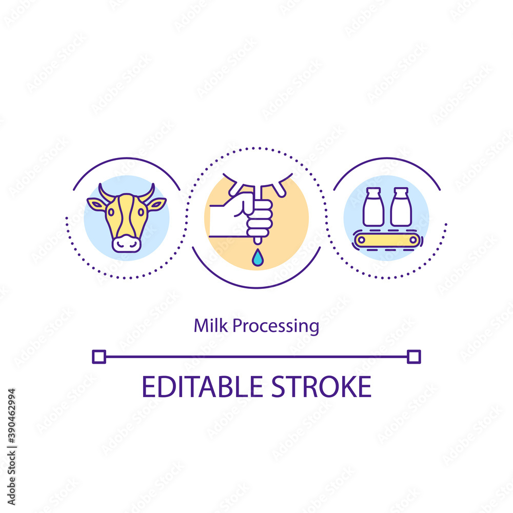 Milk processing concept icon. Dairy farm idea thin line illustration. Milk collection from cattle. Industrial processing. Pasteurization. Vector isolated outline RGB color drawing. Editable stroke