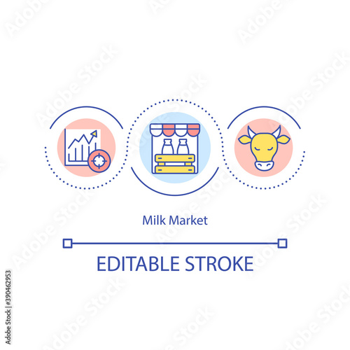 Milk market concept icon. Dairy cattle idea thin line illustration. Milk prices monitoring. Farming households. Dairy commodities. Vector isolated outline RGB color drawing. Editable stroke