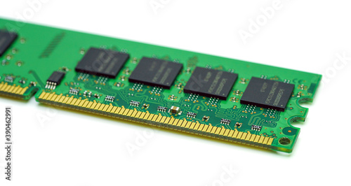 Close-up,computer RAM, system memory computer detail, high resolution, isolated on white background.