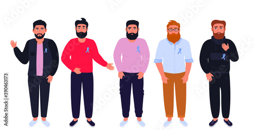Men with beards and mustaches with blue ribbons pinned to the chest. Prostate cancer awareness month. November. Men's health concept
