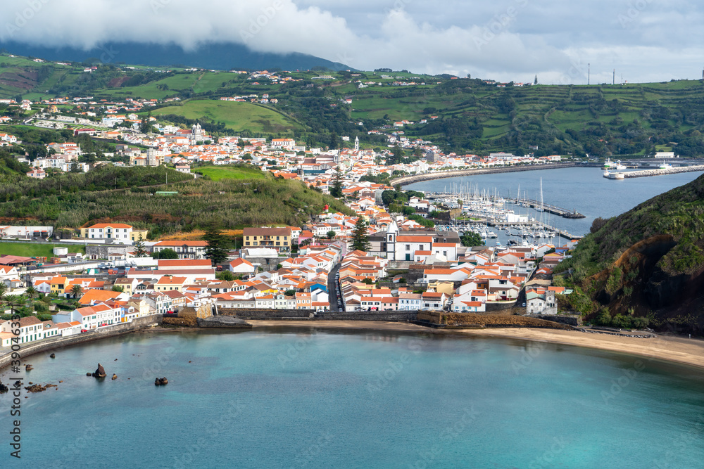 Azores, Island of Faial, view on the town of Horta and the port. 