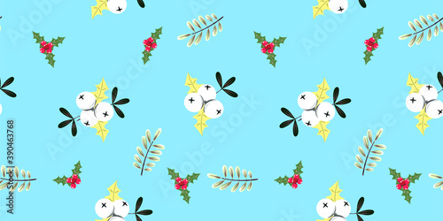 Cute seamless pattern with white berries and holly plants for wrapping paper  textile and any surfaces.